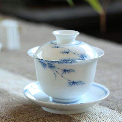 玉泥白瓷盖碗大号不烫手功夫茶具三才陶瓷茶碗茶杯手绘中式复古