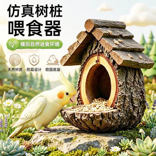 彷真树桩鸟食器牡丹鹦鹉喂食器天然材质防霉稳固底座鸟笼用品大全