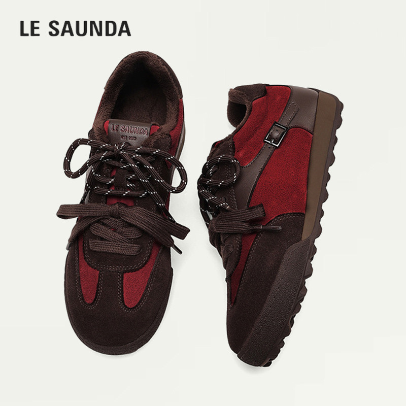 LE SAUNDA/莱尔斯丹小众拼色阿甘鞋女内增高加绒保暖系带休闲鞋冬