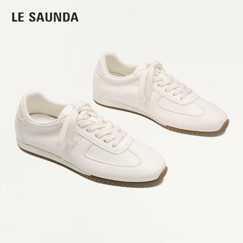 LE SAUNDA/莱尔斯丹真皮小白鞋女2026秋季新款平底简约运动休闲鞋