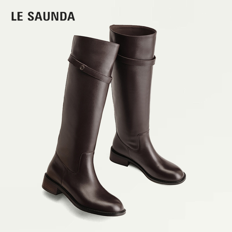 LE SAUNDA/莱尔斯丹2026圆头长筒靴女新款高筒骑士靴高筒粗跟