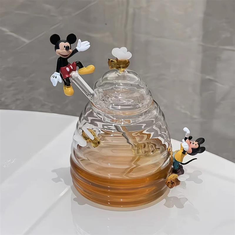 蜂蜜罐可爱创意带搅拌棒储物罐透明玻璃杯家用蜂蜜瓶带盖密封罐