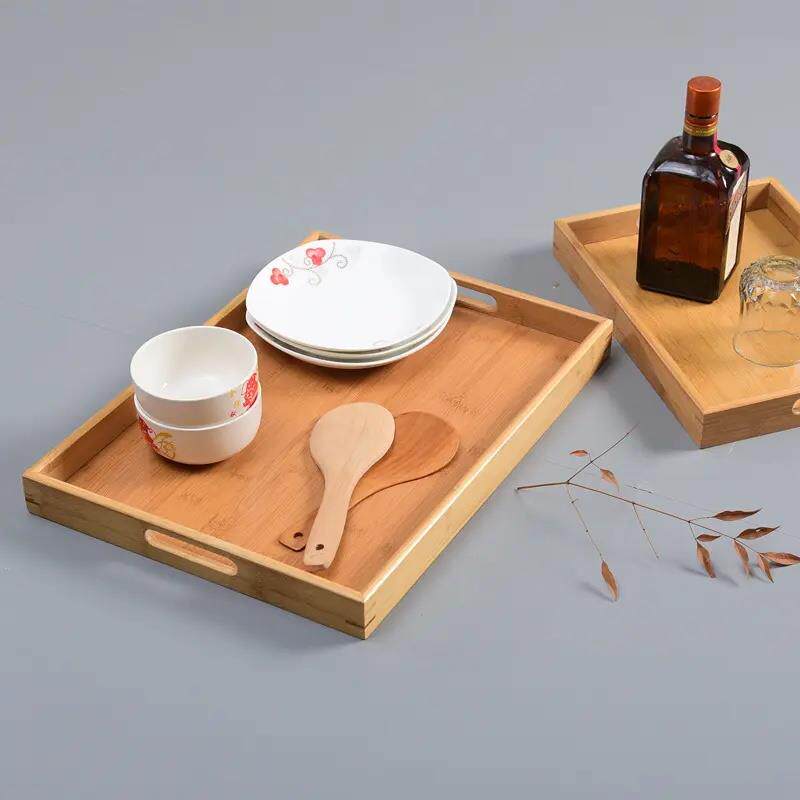 竹制拉手托盘长方形家用竹茶盘酒店上菜水杯盘子圆形鸡翅木色盘子
