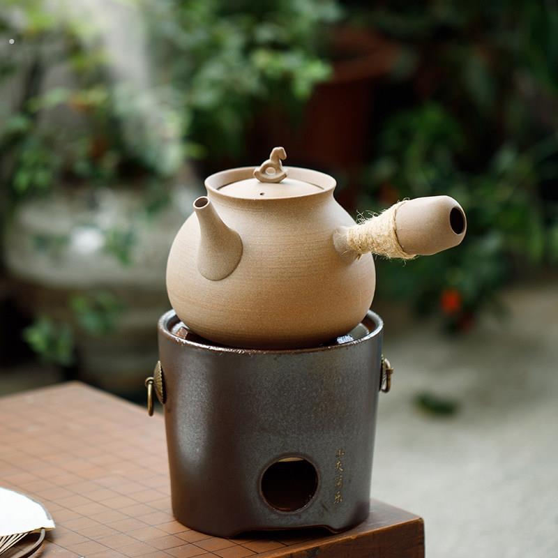 老岩泥煮茶壶侧把手工砂铫壶围炉煮茶炭炉黑晶炉侧把大容量陶壶