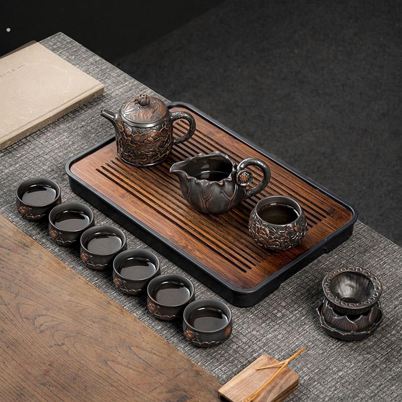 紫陶整套茶具套装家用纯手工茶壶盖碗功夫茶杯中式复古高档礼盒装