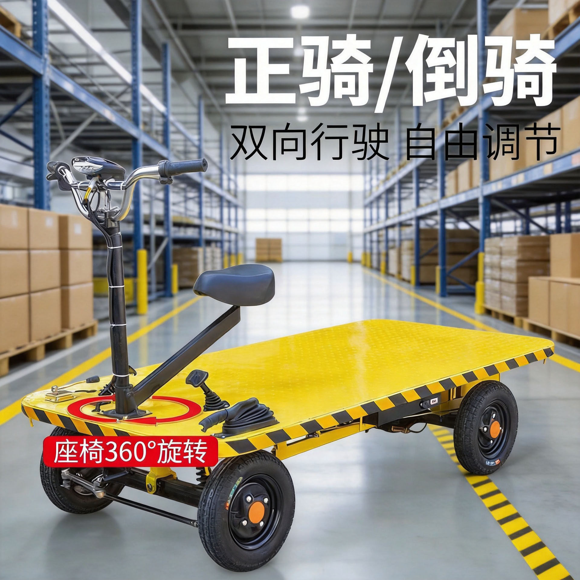 站驾骑行两用电动四轮平板车仓库物流搬货小推车果园拉货运输车