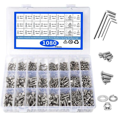 1080pcs304不锈钢M3-M5圆杯杯头内六角螺丝螺母平垫组合套装螺丝