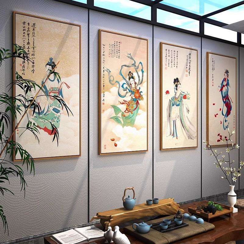 网红敦煌飞天挂画仕女图壁画新中式客厅装饰画古风女神茶室餐厅四