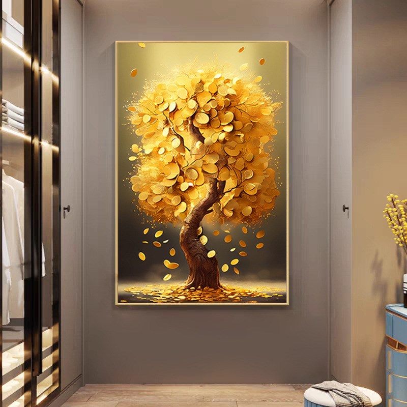新中式玄关装饰画抽象轻奢简约发财树肌理感入户走廊高档大气挂画