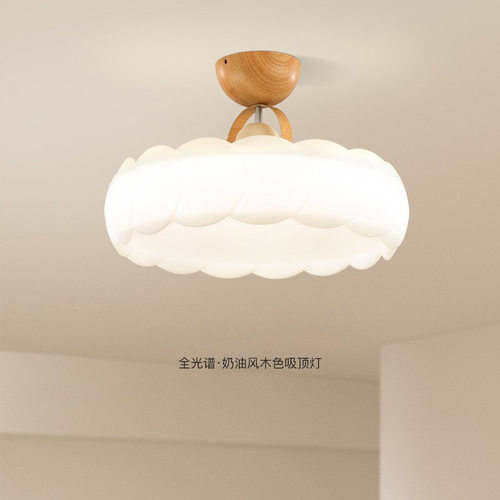 奶油风卧室灯现代简约设计大气网红羽毛灯全光谱护眼原木色主卧灯