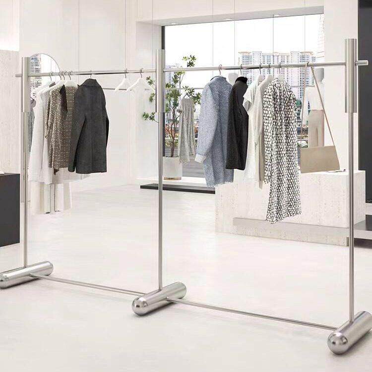 不锈钢挂衣架服装店展示架落地衣架带轮子移动货架带轮服装落地式