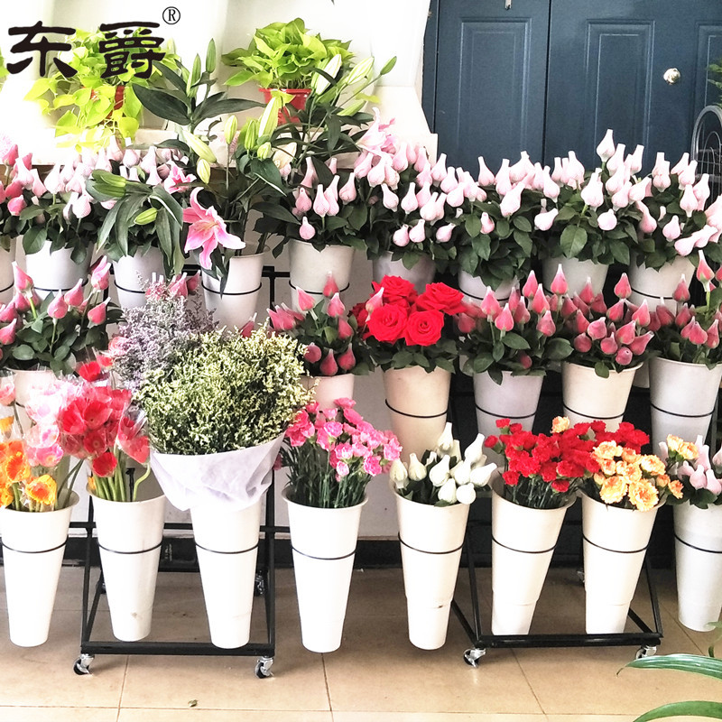 大号花店可移动花架铁艺多层带万向轮鲜花展示架货架塑料鲜花桶架