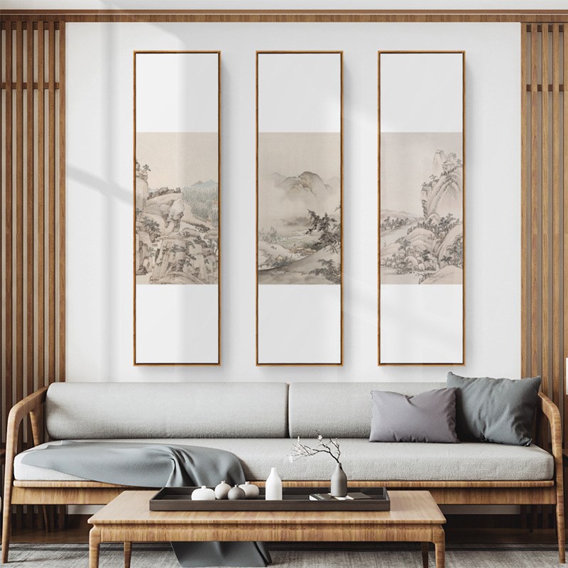 山水人家新中式原木风客厅装饰画山水工笔画日式挂画玄关壁画竖幅