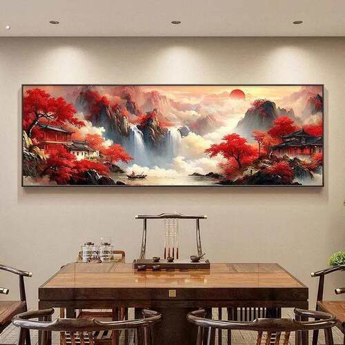 鸿运当头客厅装饰画中式流水生财茶室挂画山水沙发背景墙面壁画