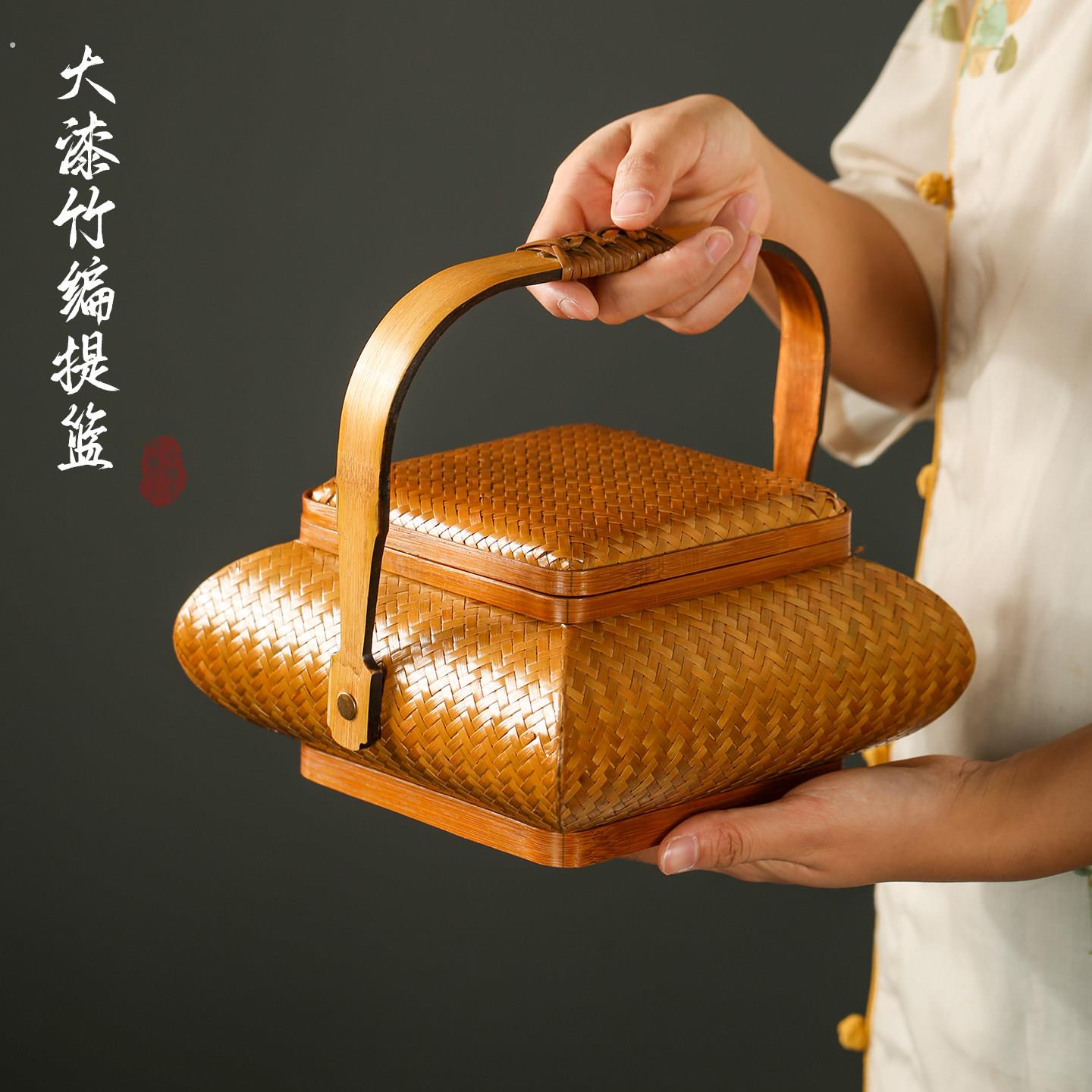竹编提篮提盒手工编织食盒手提袋盖收纳篮果篮点心篮茶具储物筐篓