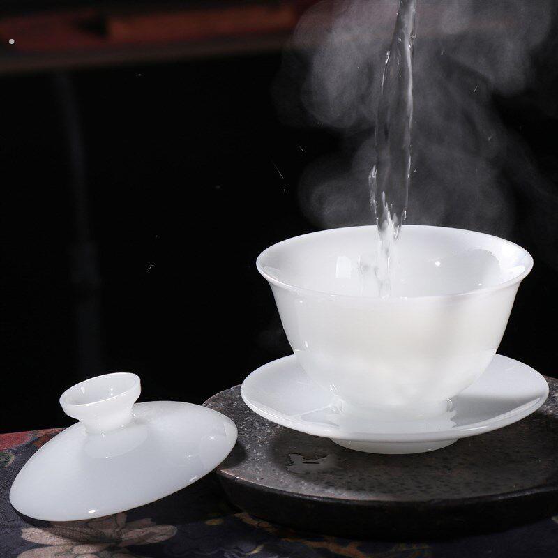 羊脂玉盖碗单个德化白瓷三才大号功夫茶具高档泡茶碗带盖子不烫手