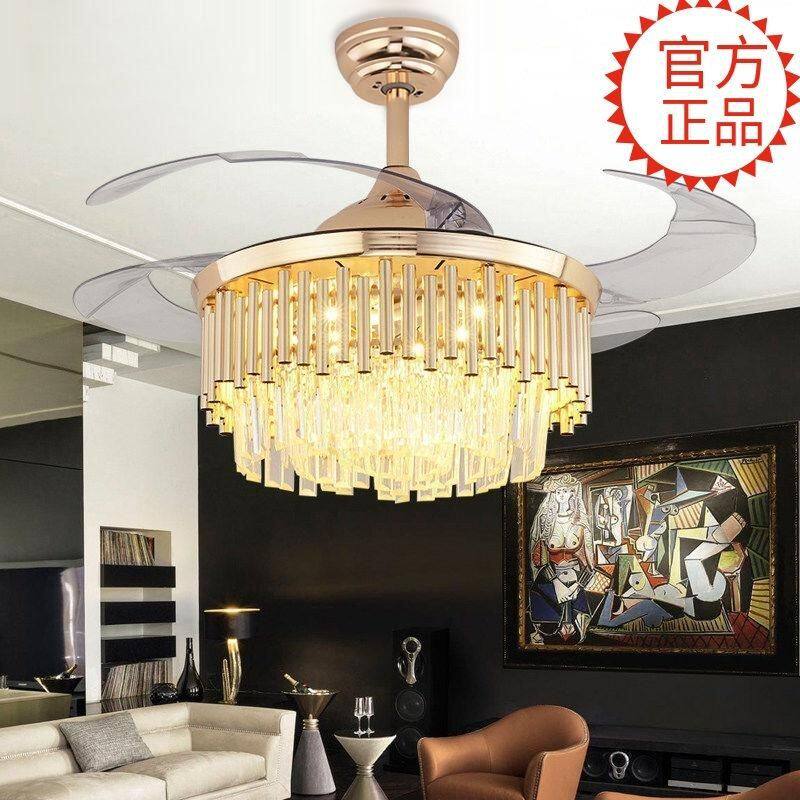 美式水晶风扇灯吊扇灯隐形客厅餐厅卧室一体家用轻奢风扇led吊灯