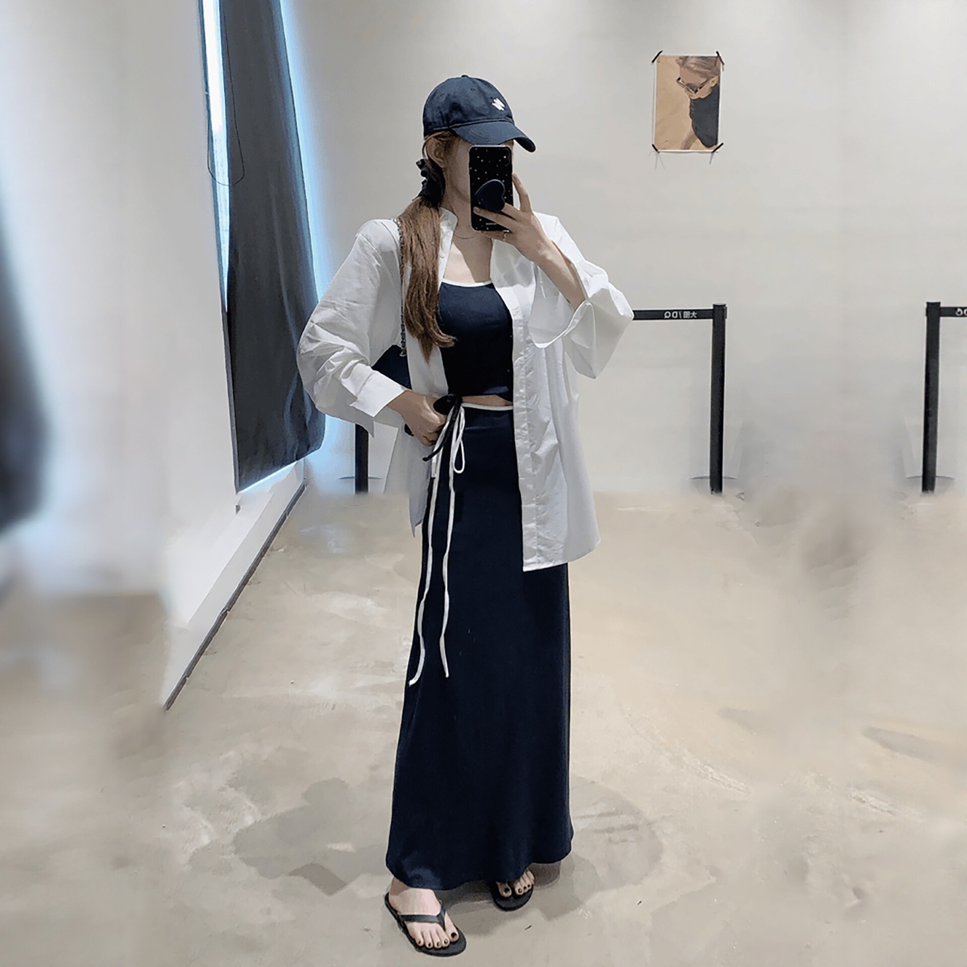 吊带背心高腰半身裙套装女夏季防晒衬衫短款美背绑带长裙三件套