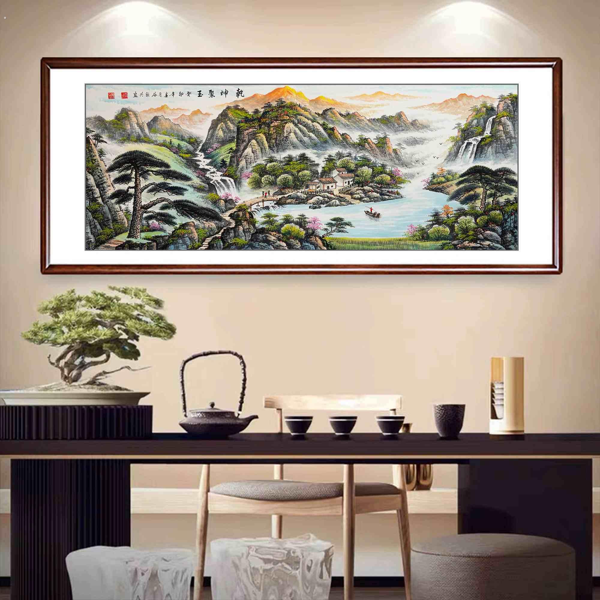 干坤聚玉聚宝盆山水钻石画满砖点黏贴国画客厅办公室西墙北墙聚财