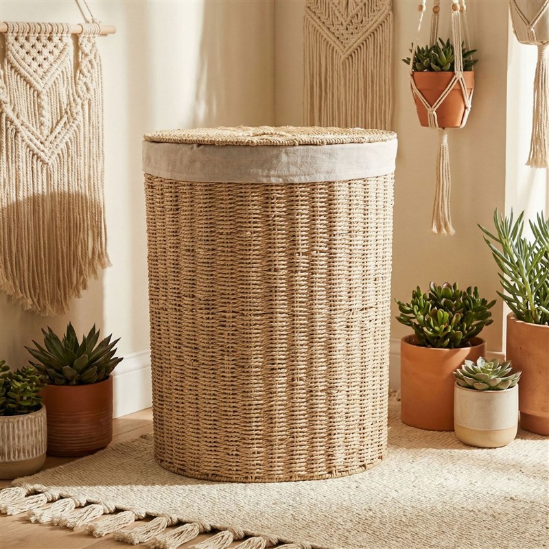 现代编织纸绳洗衣篮洗衣房储物筐脏衣篓卧室整理篮带盖子收纳筐