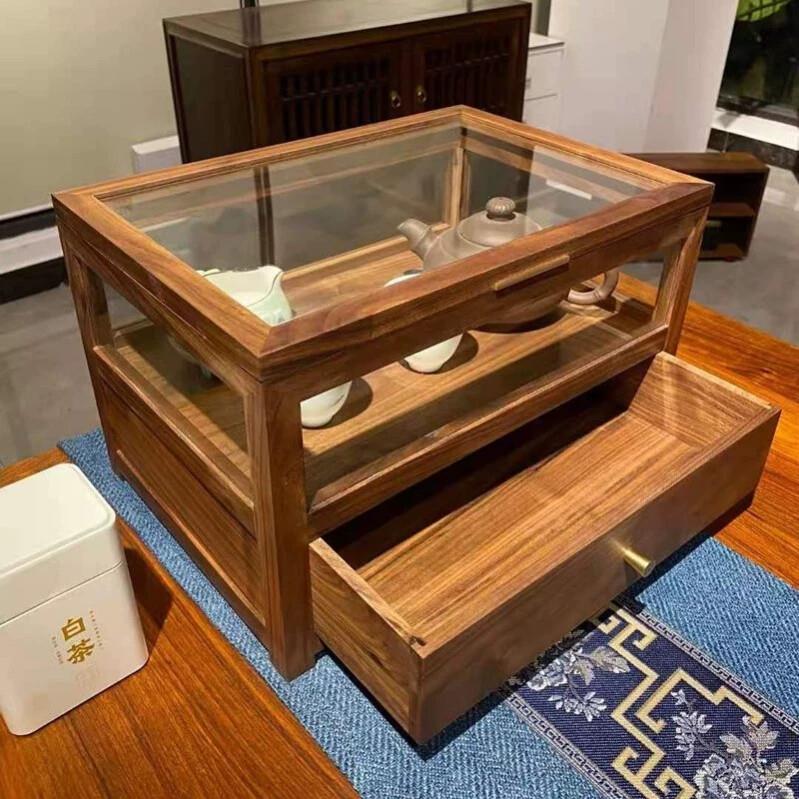 黑胡桃实木制茶壶具收纳柜高档文玩展示柜模型防尘柜置物架收纳盒