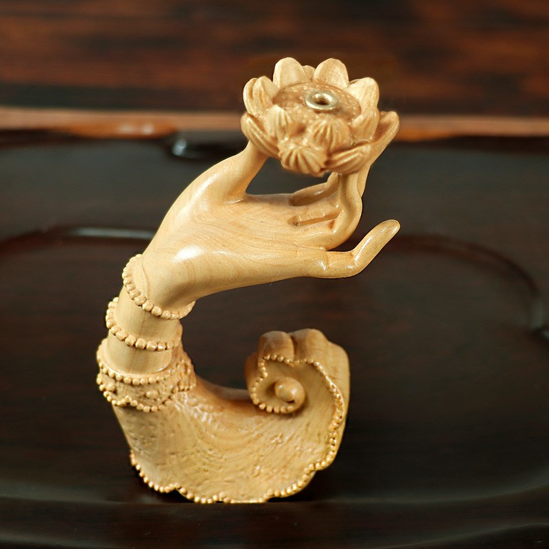 黄杨木雕手把件木质佛手莲花香插摆件茶道香道禅艺家居饰品工艺品