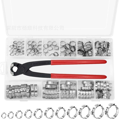跨境120pcs盒装 304不锈钢单耳无极卡箍 6-33.1mm组合装配卡箍钳