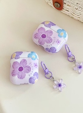 油画适用Airpods3保护套Pro2清新紫色蓝牙耳机壳1/2代小众4代花朵