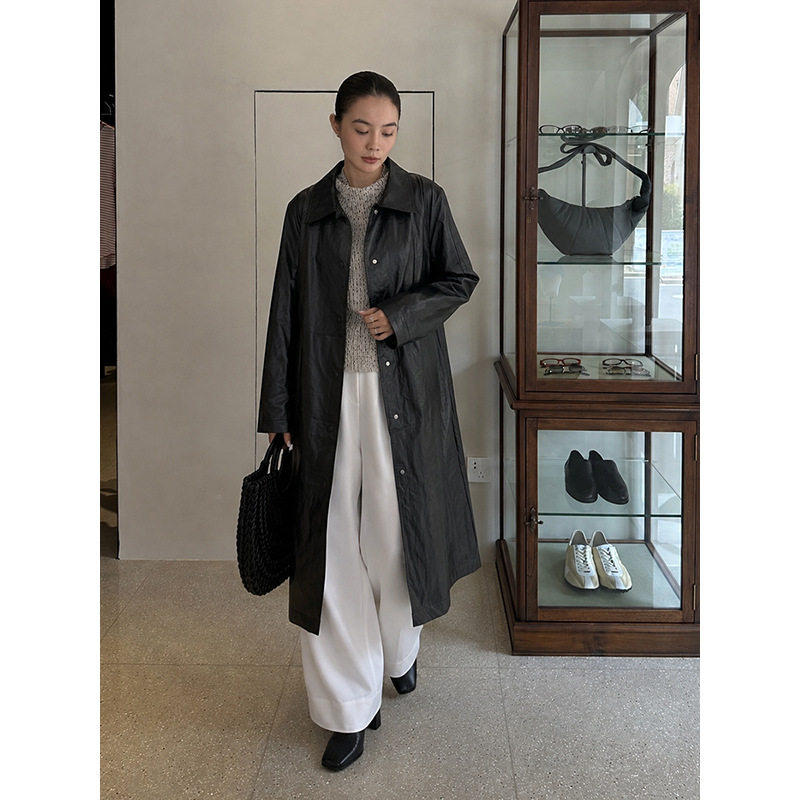 Onde FW26 高智简约通勤翻领中长款休闲皮衣风衣外套