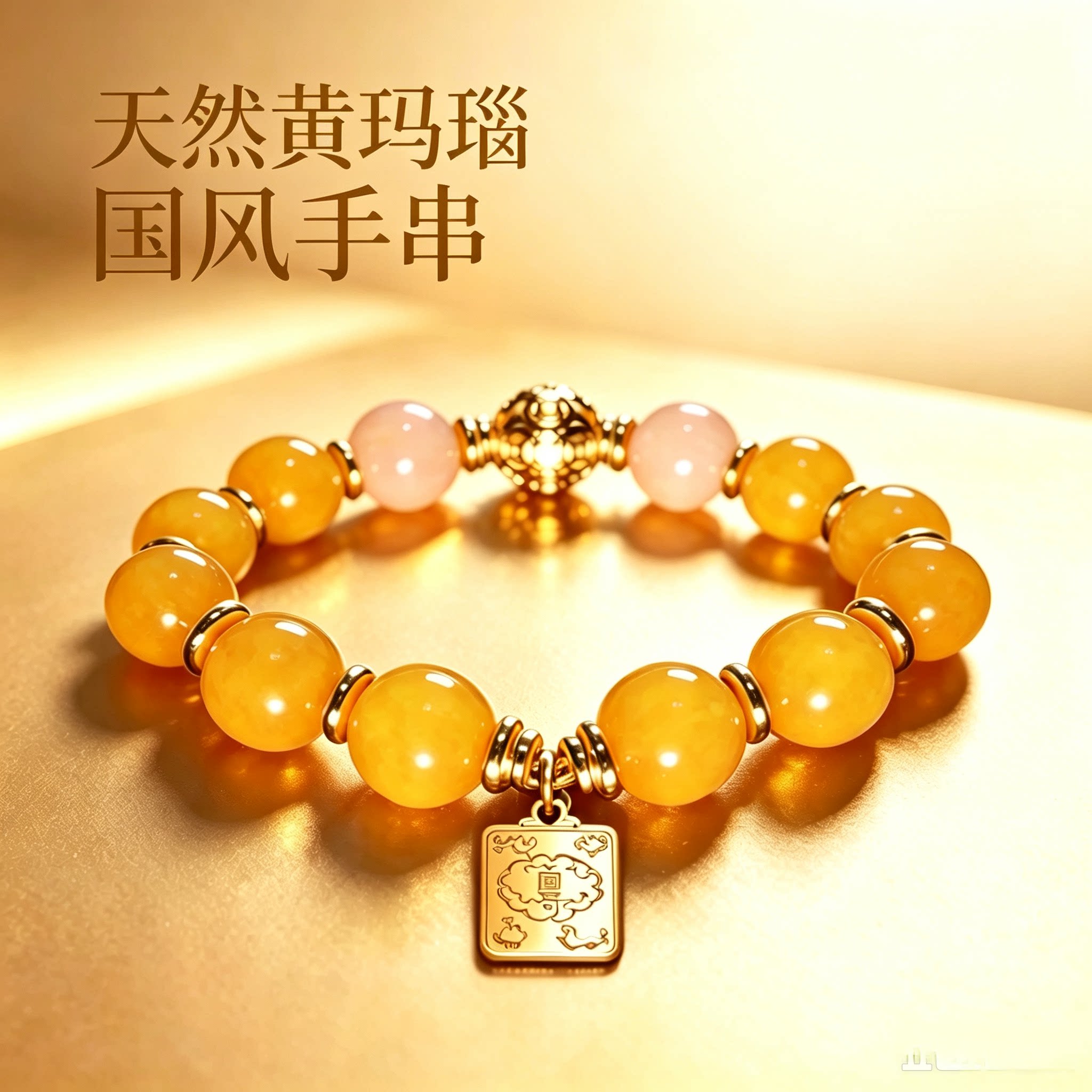 三奇嘉汇新中式浓情黄玛瑙圆珠手链复古方牌吊坠男女百搭DIY手串