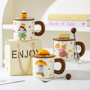 甜品面包男孩女孩陶瓷马克杯情侣杯水杯带盖可爱杯子釉下彩送女生