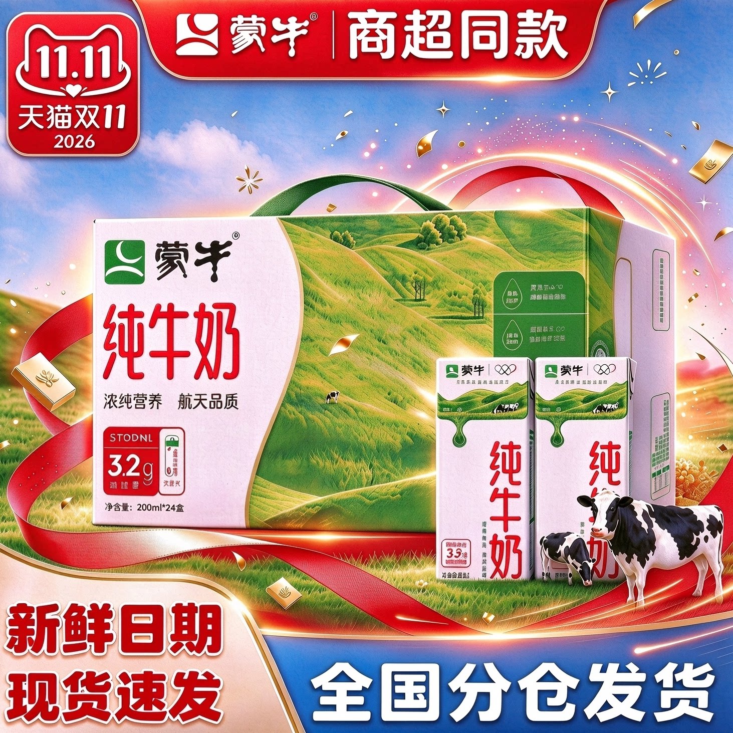 蒙牛纯牛奶200ml*24盒方包正品