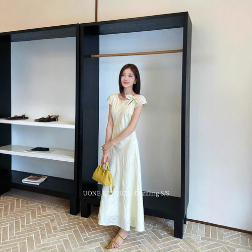UONE2025夏季新款优雅气质淑女复古清新淡雅扎染工艺提花连衣裙女