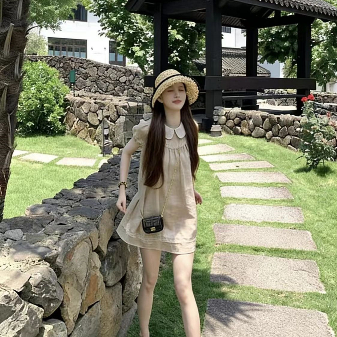 夏日甜妹可爱娃娃领连衣裙女法式甜美花边设计感超好看短裙子