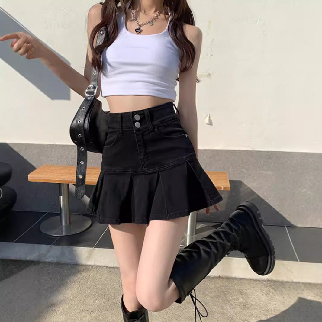 黑色牛仔短裙女秋季高腰辣妹a字包臀裙荷叶边百褶半身裙大裙摆
