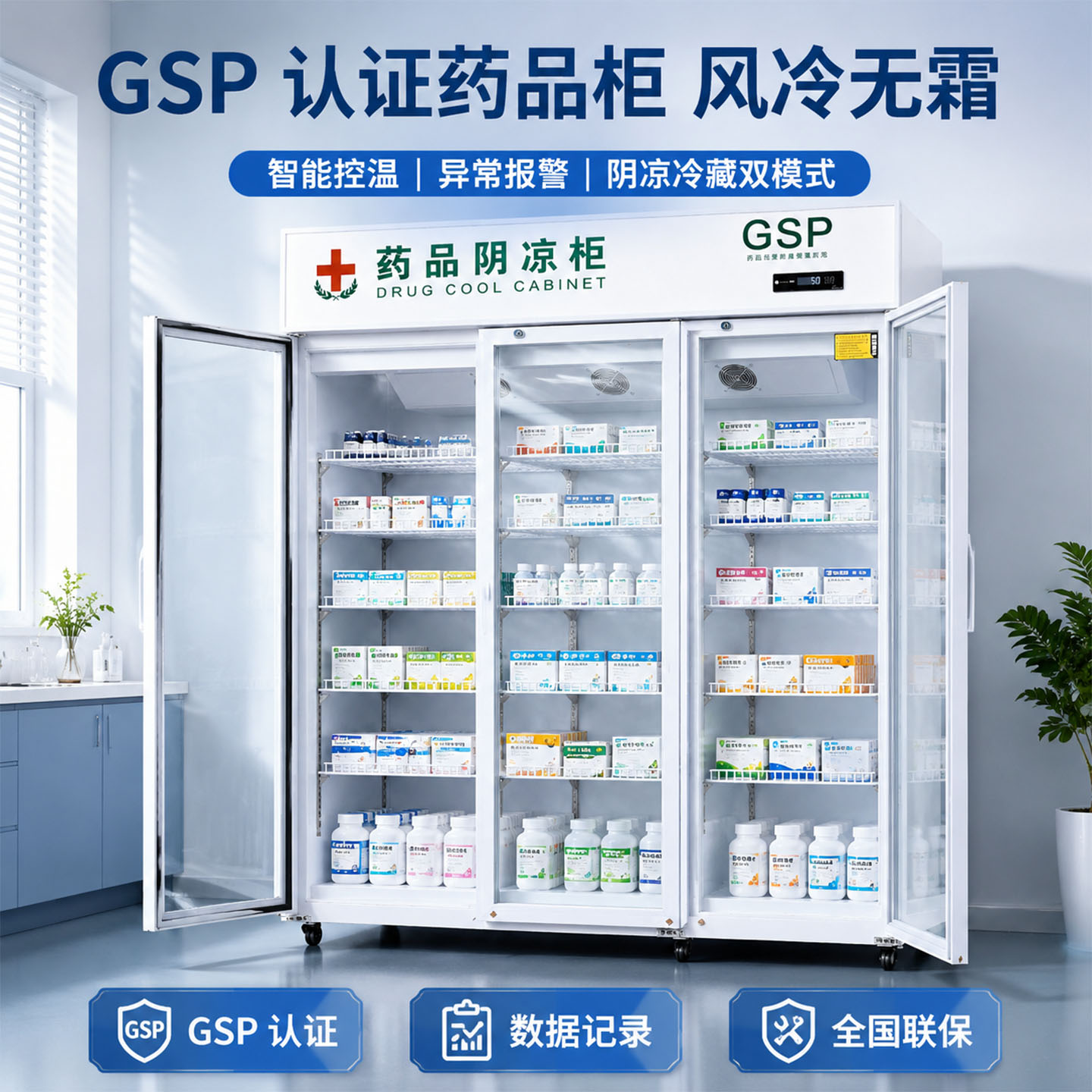 药品阴凉柜摆药柜药店诊所医药专用药物冷藏展柜冰箱三双门药品柜