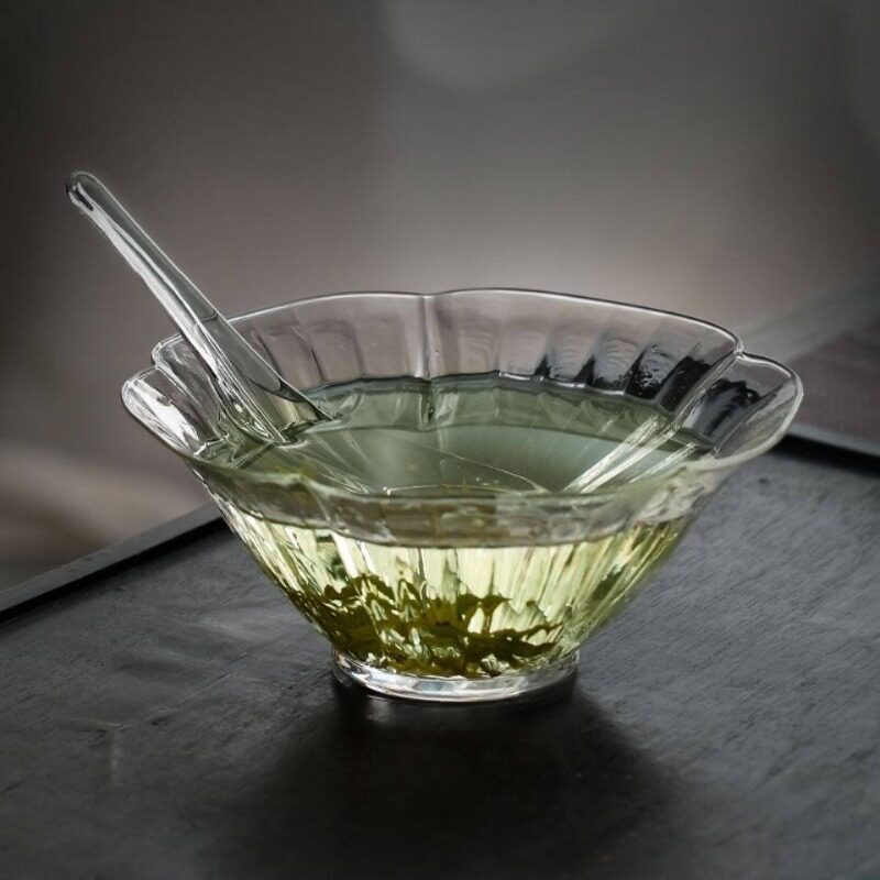 仿宋花瓣斗笠带勺绿茶茶盏套装