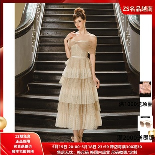 越南设计师Calista 23年款 一字肩蕾丝网纱拼接减龄温柔气质蛋糕裙