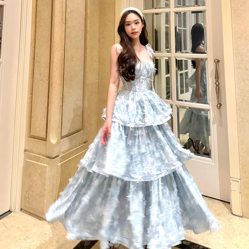ZS名品越南设计师Sissy nation新款度假风茶歇法式蓝色蛋糕裙-封面
