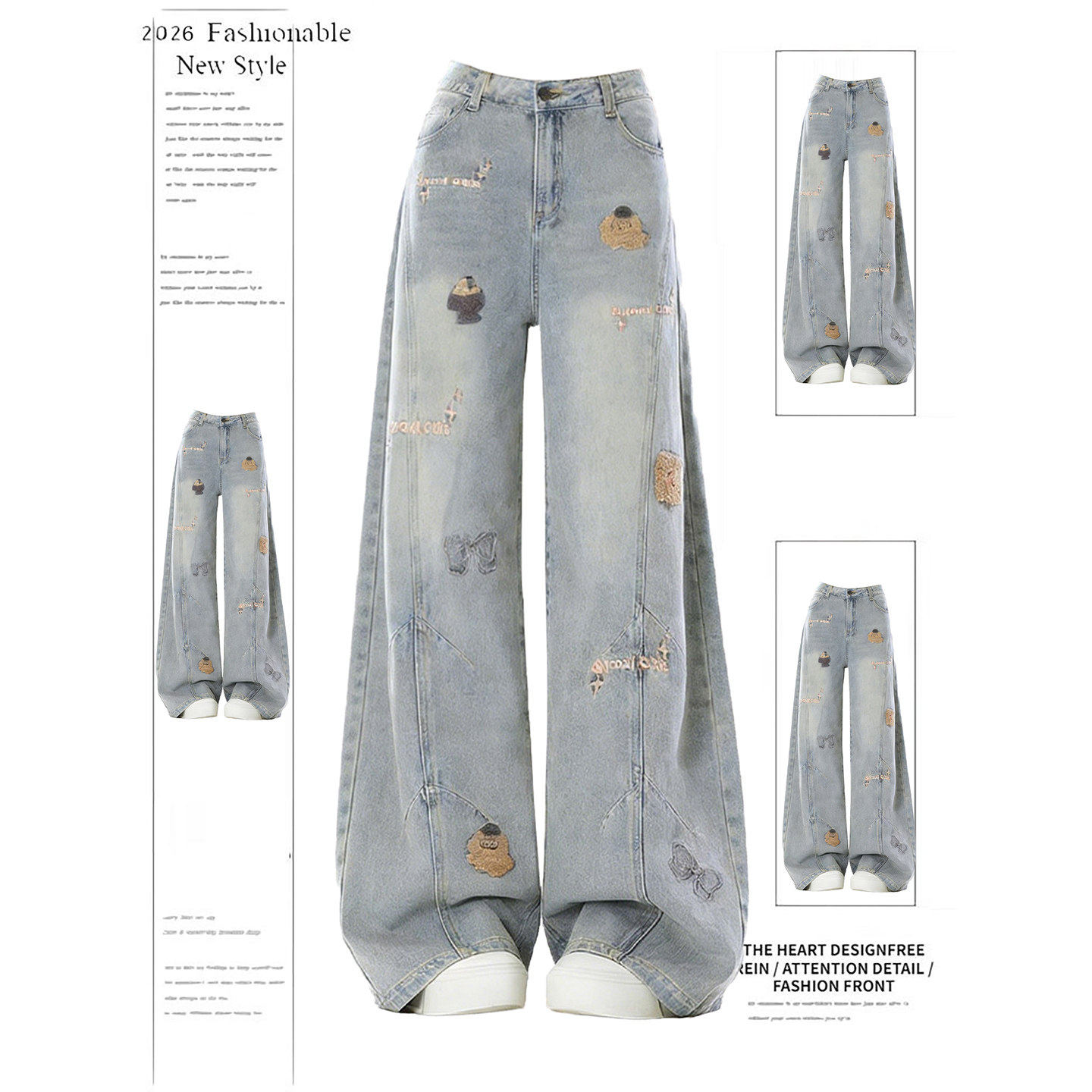 卡通刺绣牛仔裤裤子女款2026春季新款高腰宽松休闲阔腿裤直筒裤子