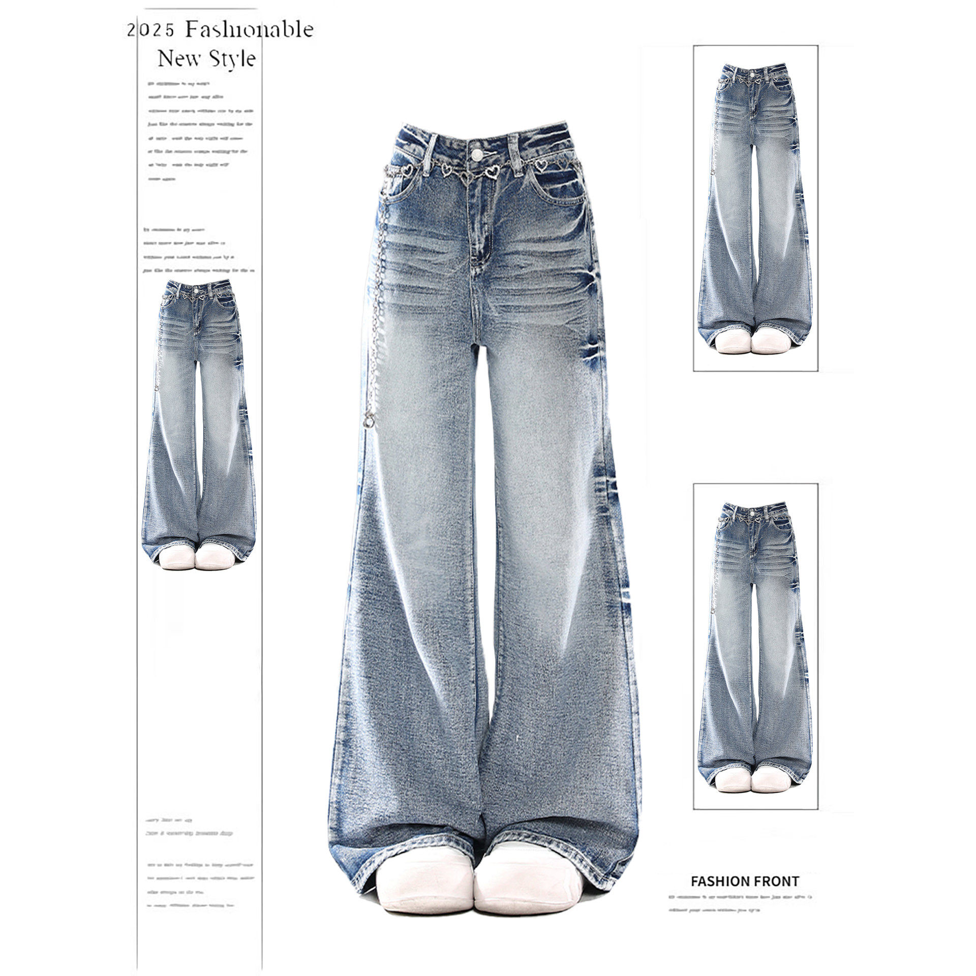 美式水洗浅蓝色高腰阔腿牛仔裤裤子女款2025冬季新款设计感直筒裤