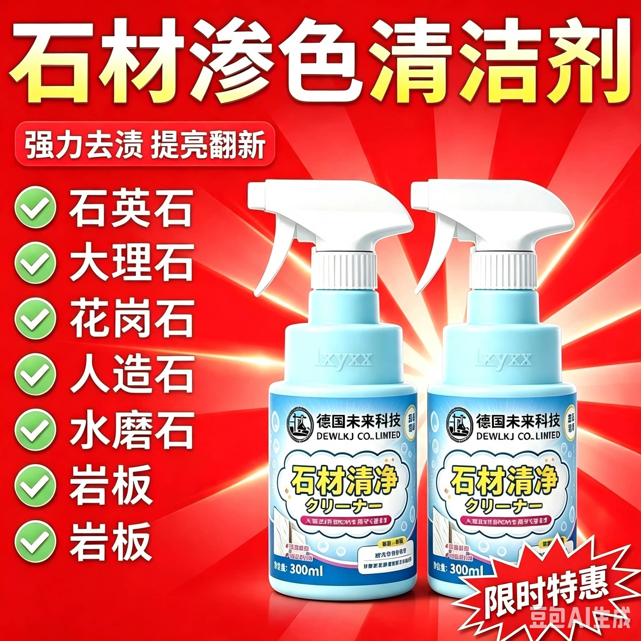 【德国专研】家用石材清洁剂台面去渗色去污抛光养护洁净zy2