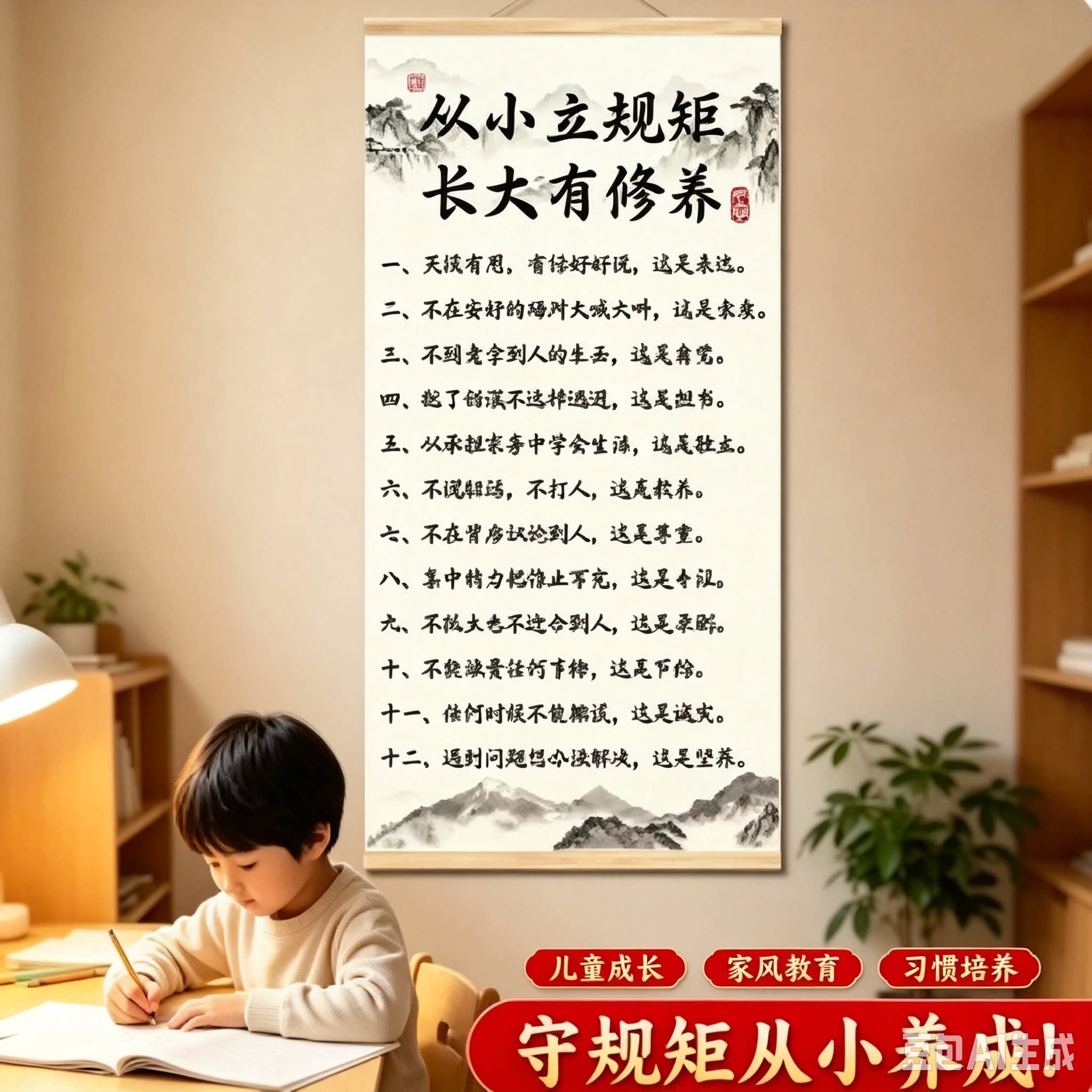 《从小立规矩》挂画新中式育儿卷轴字画玄关客厅书房房装饰画JM2