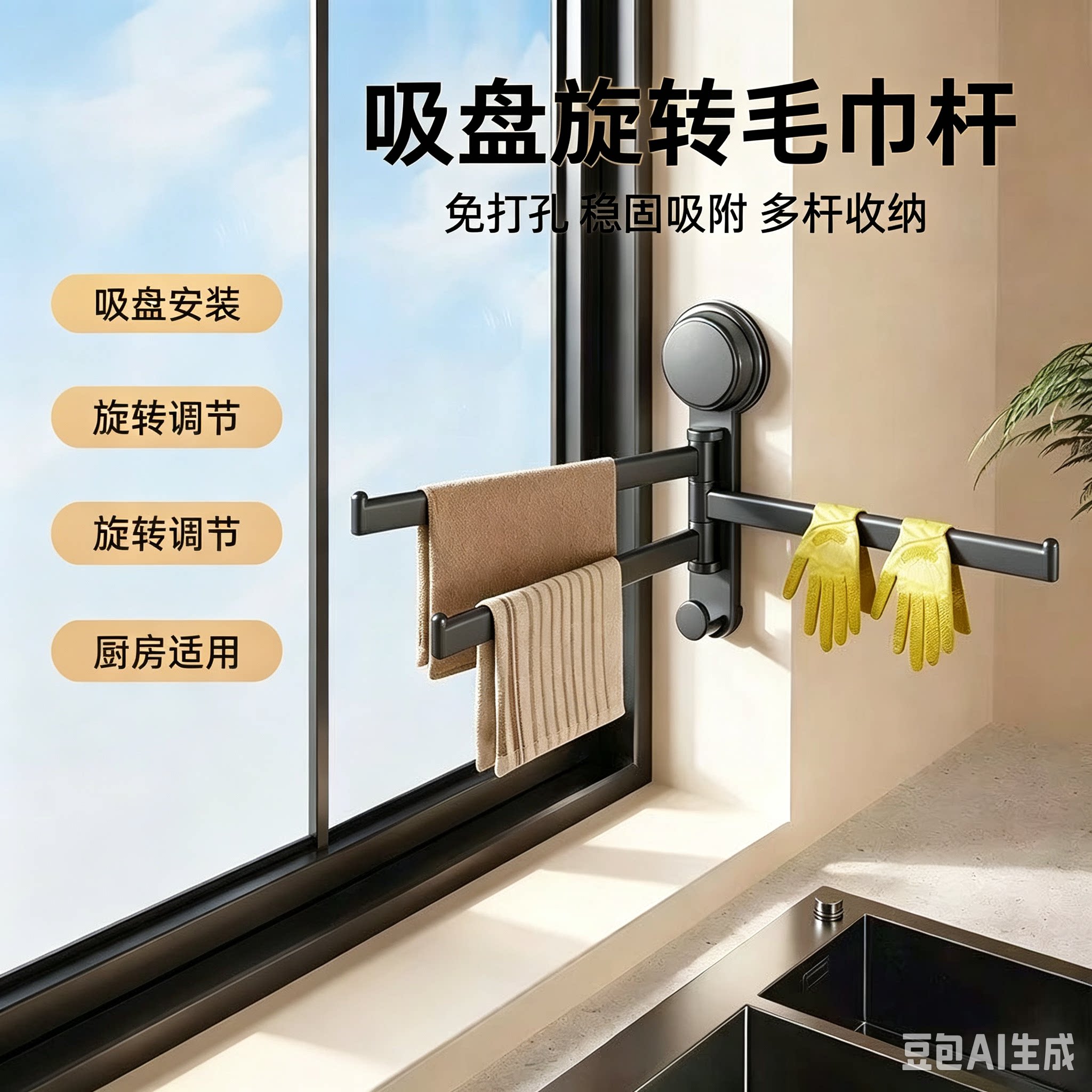 吸盘毛巾架家用厨房毛巾挂架免打孔浴室置物架挂式毛巾杆多层JM