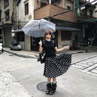 梨妹之家复古黑色波点半身裙女夏百褶a字裙修身显瘦高级感中裙子