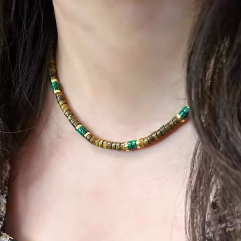 欧美天然虎眼石孔雀石串珠项链复古新中式男女同款颈链天然石饰