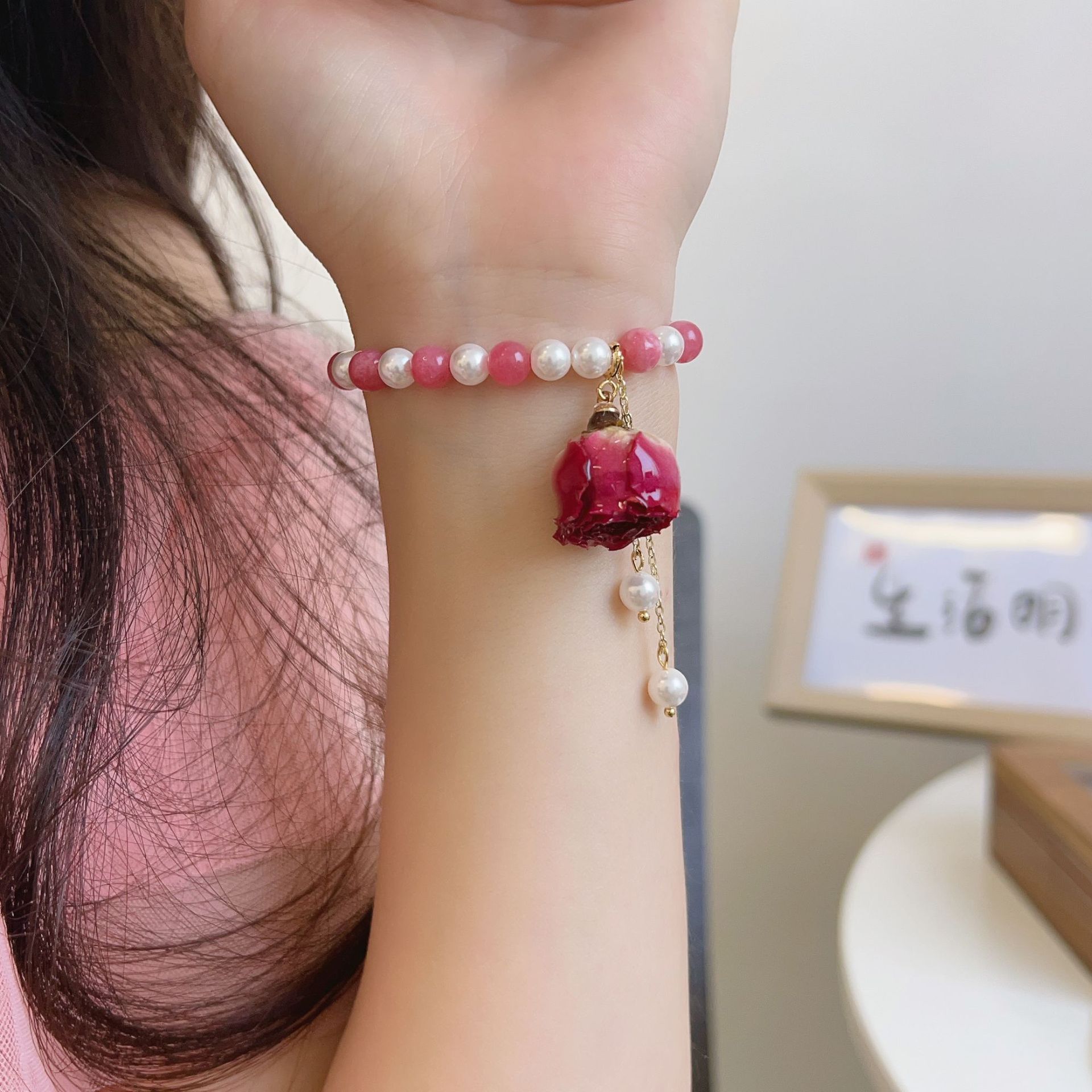 超仙玫瑰花手链 原创设计天然石串珠手串 网红复古永生花手饰女