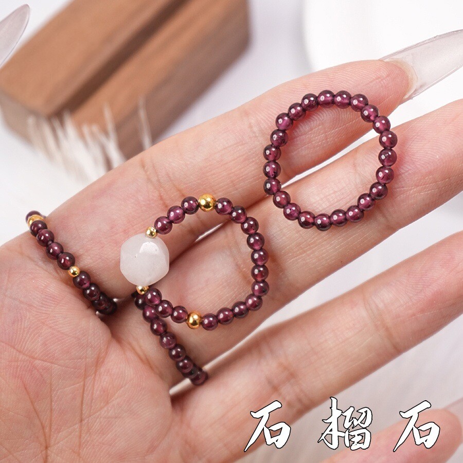 天然石榴石水晶戒指弹性串珠戒圈3mm小圆珠时尚百搭指戒跨境热卖