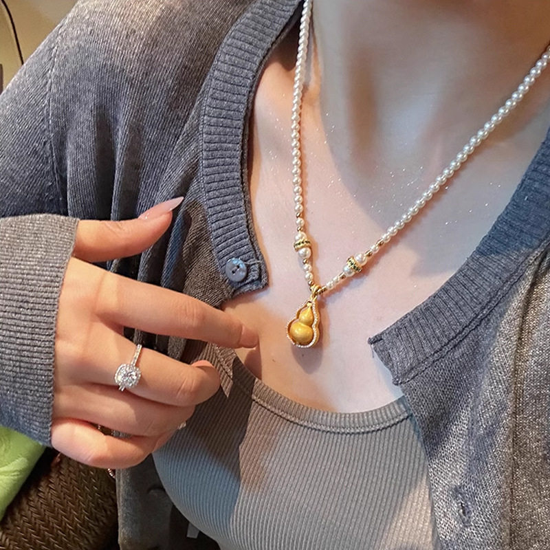 沙金葫芦吊坠珍珠项链配饰女夏季长款轻奢小众百搭高级感串珠饰品