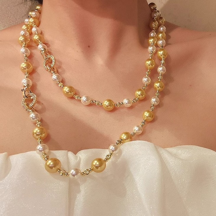 渐变大小南洋金珠珍珠项链感施家珍珠项链小众个性毛衣链女新